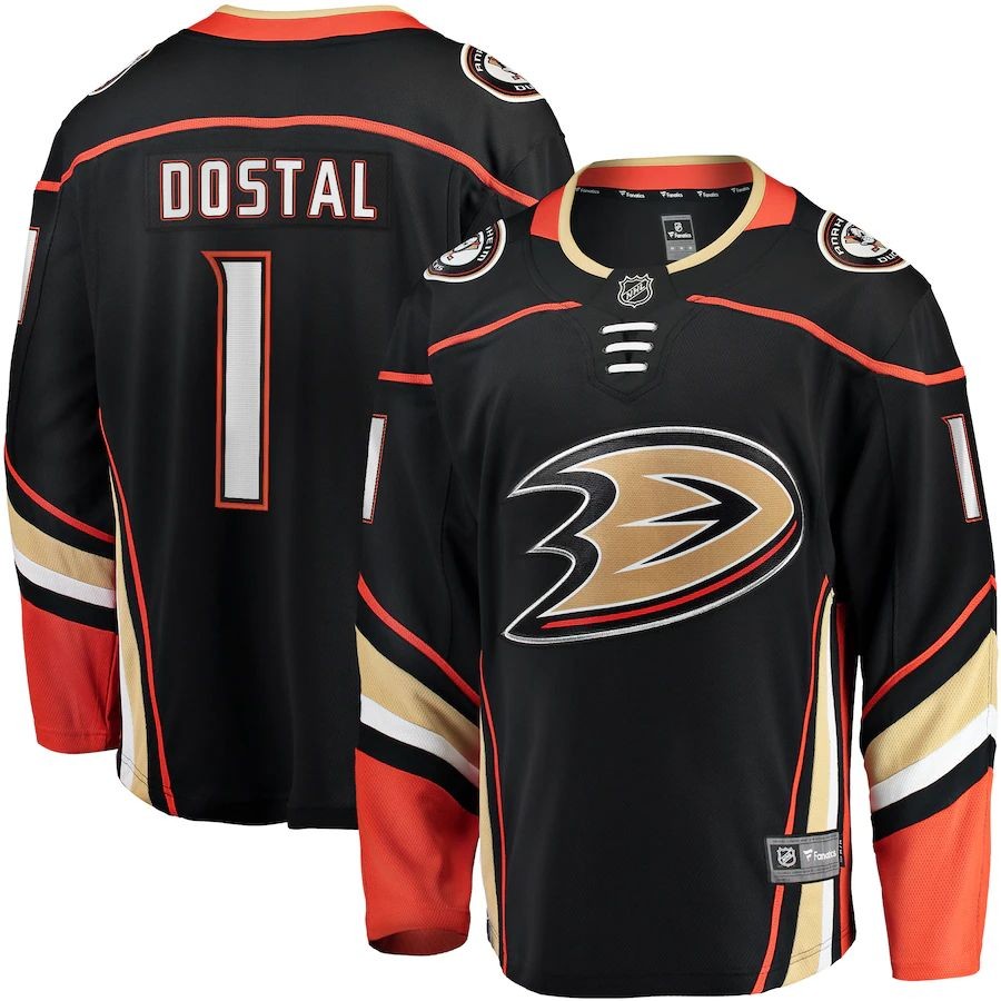 Men’s Anaheim Ducks 1 Lukas Dostal Fanatics Branded Black Home Breakaway Player Jersey