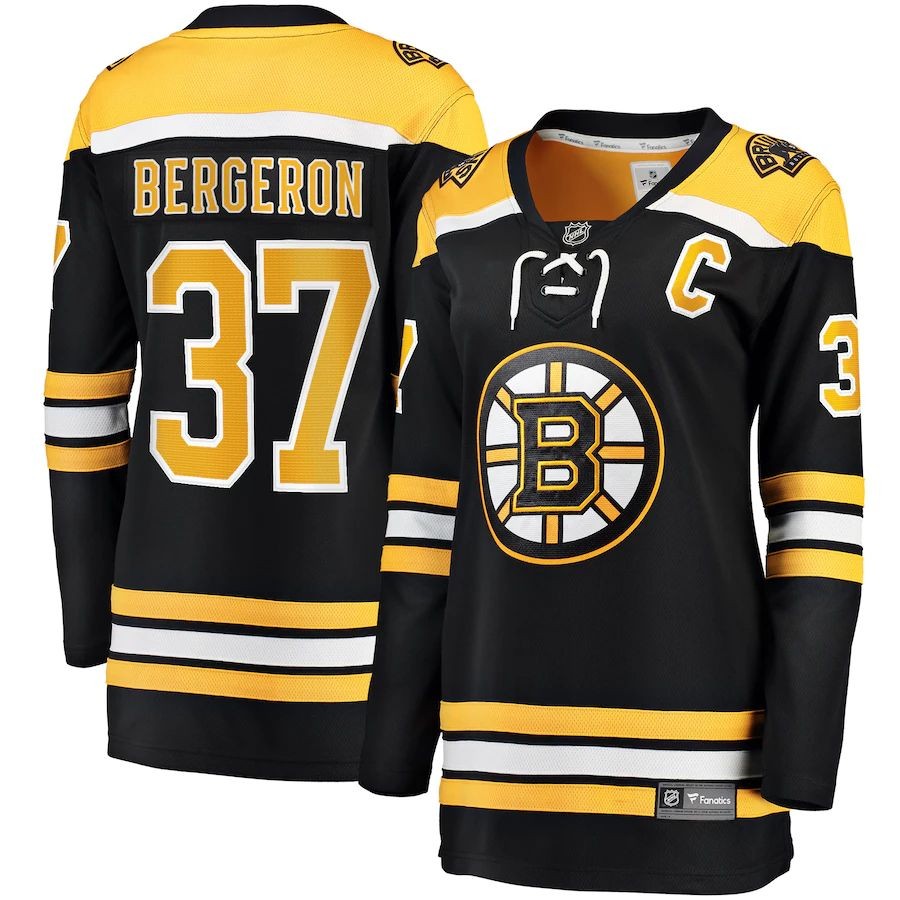 Women’s Boston Bruins 37 Patrice Bergeron Fanatics Branded Black Home Captain Premier Breakaway Player Jersey