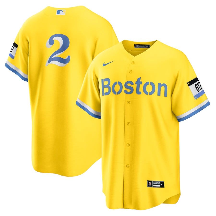 Men’s Boston Red Sox 2 Xander Bogaerts Gold Light Blue 2021 City Connect Replica Jersey