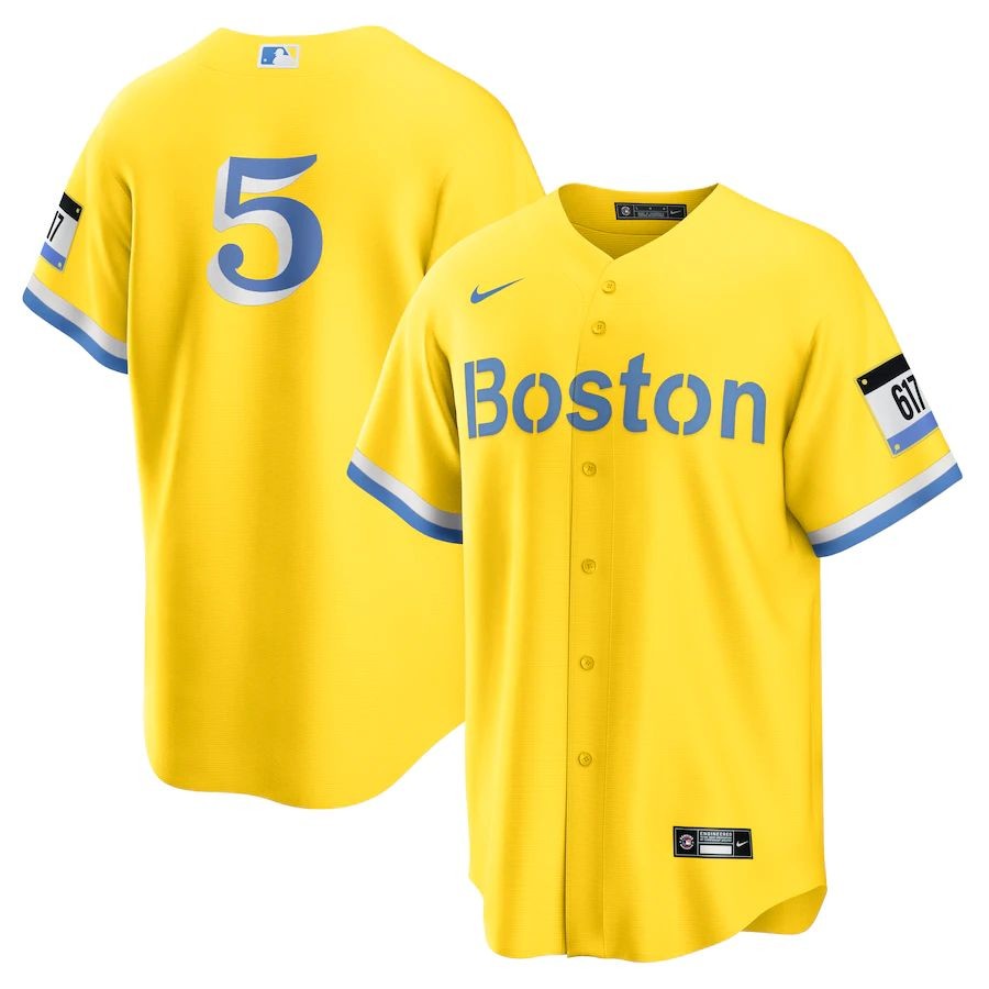 Men’s Boston Red Sox 5 Enrique Hernandez Gold Light Blue 2021 City Connect Replica Player Jersey
