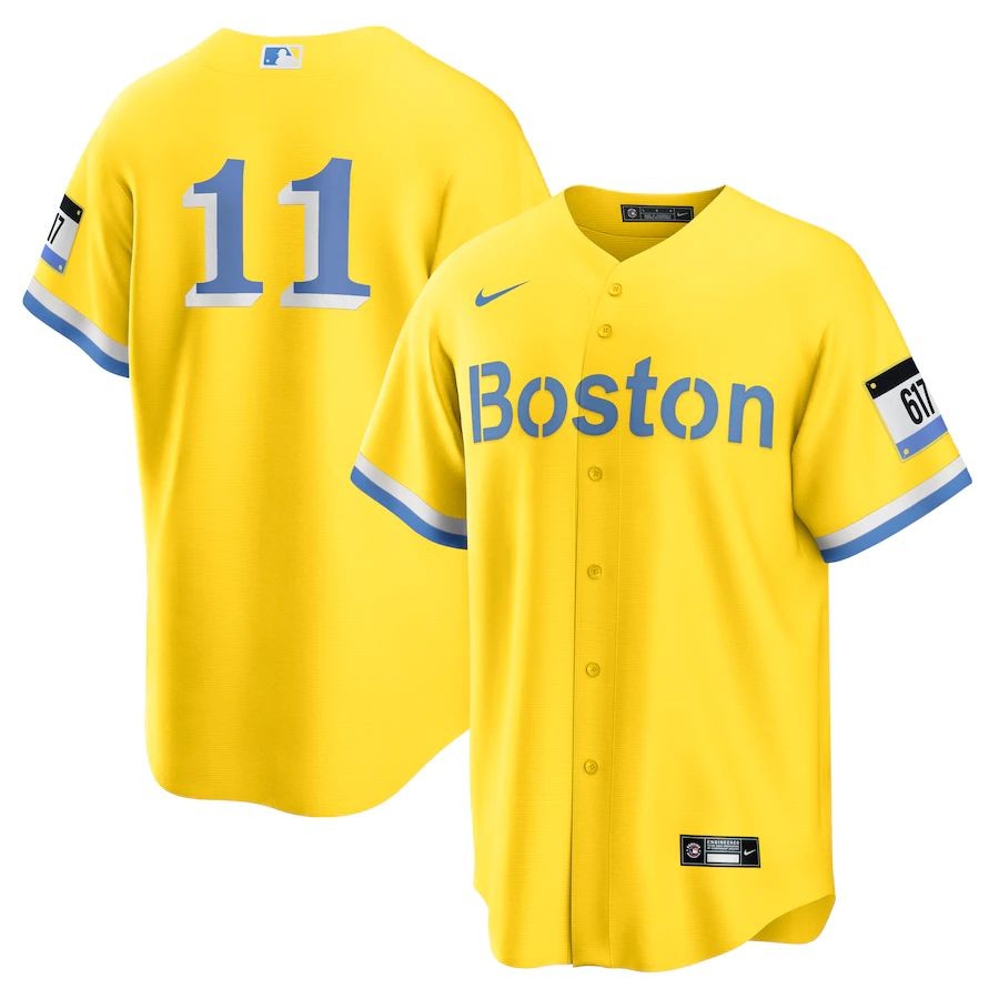 Men’s Boston Red Sox 11 Rafael Devers Gold Light Blue 2021 City Connect Replica Jersey