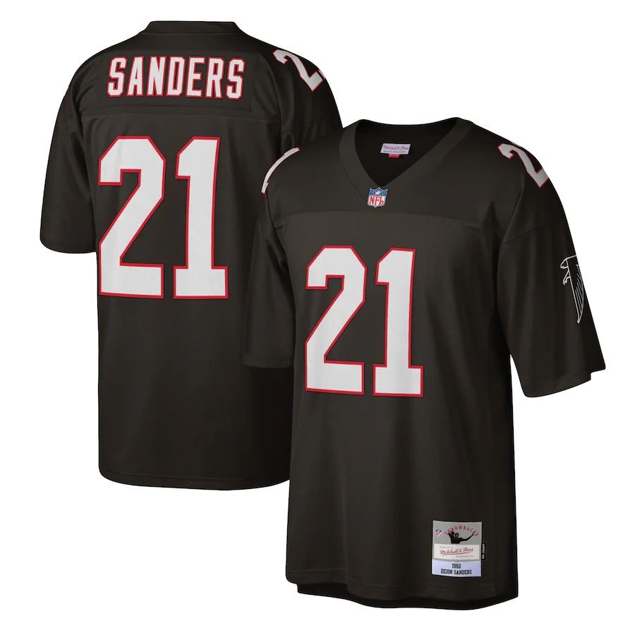 Men’s Atlanta Falcons 21 Deion Sanders Mitchell & Ness Black Legacy Replica Jersey