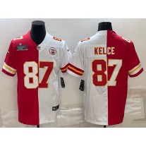 Nike Chiefs 87 Travis Kelce Red White Split 2023 Super Bowl Vapor Limited Men Jersey