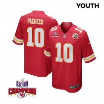 Isiah Pacheco 10 Kansas City Chiefs Super Bowl LVIII Champions 4 Stars Patch Game YOUTH Jersey - Red