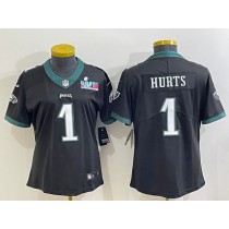 Nike Eagles 1 Jalen Hurts Black 2023 Super Bowl LVII Vapor Limited Women Jersey