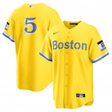 Men's Boston Red Sox 5 Enrique Hernandez Gold Light Blue 2021 City Connect Replica Player Jersey