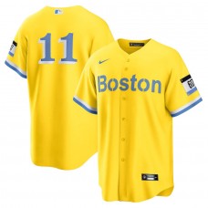 Men's Boston Red Sox 11 Rafael Devers Gold Light Blue 2021 City Connect Replica Jersey